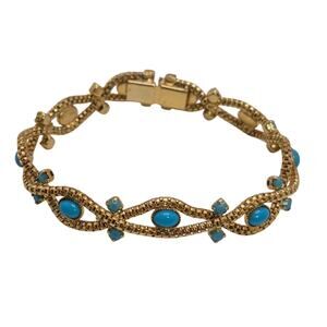Turquoise Color Gold-tone Bracelet Box Clasp w Oval Round Cabochon Stones
